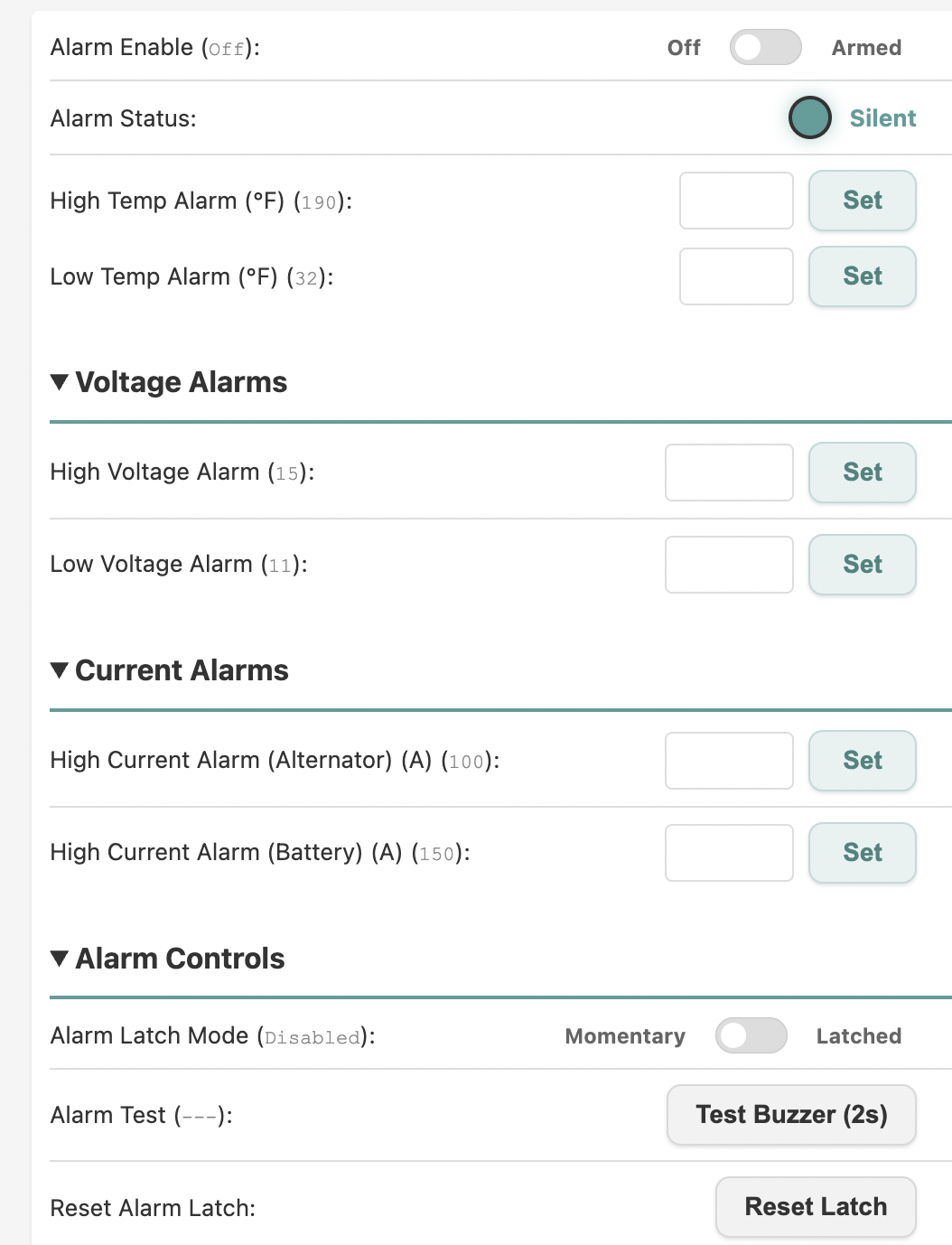 Alarm panel in the web dashboard