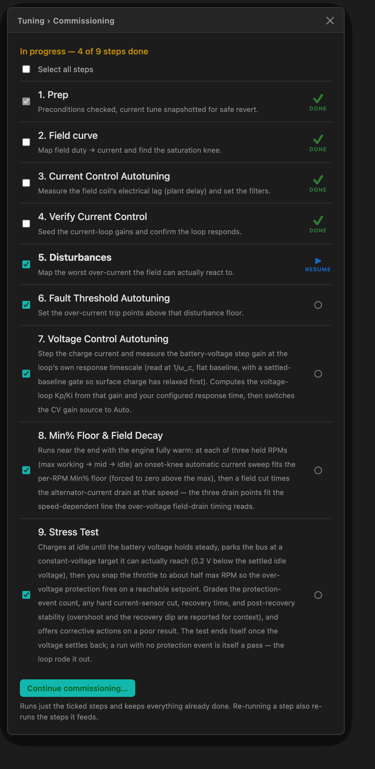 Commissioning tab mid-run: per-step checkboxes, DONE marks, and a RESUME pointer