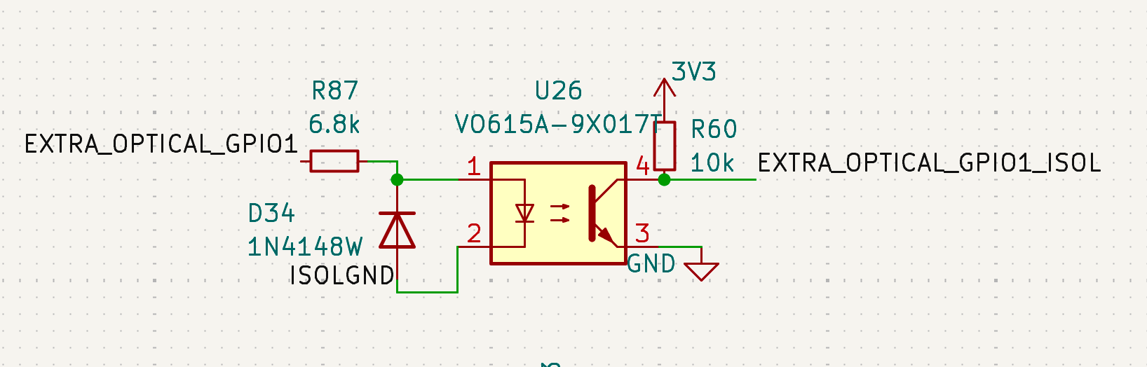 Optocoupler channel schematic — U26, EXTRA_OPTICAL_GPIO1: R87 6.8k series resistor, D34 1N4148W reverse clamp, VO615A-9X017T, R60 10k pull-up to 3V3